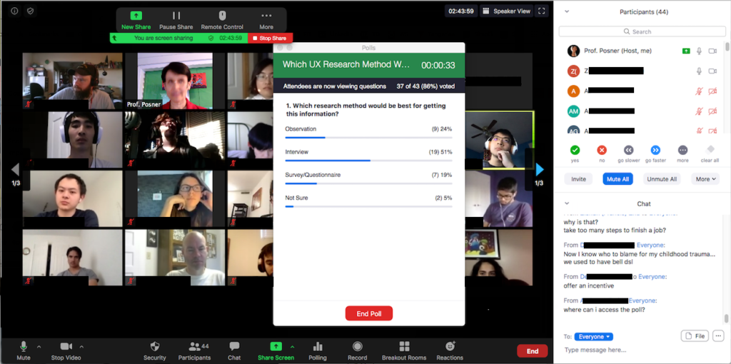 Zoom window showing Host’s view of Zoom Poll, 86% complete, and poll results. Top right is Participants List with Nonverbal feedback buttons. The bottom right is the Chat window.