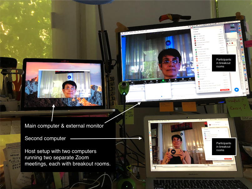 My Computer Displays Setup showing two computers running two Zoom meetings with participants in breakout rooms. This is used for complex setups like the workshop described below. For normal classes, one laptop with an external monitor is sufficient.